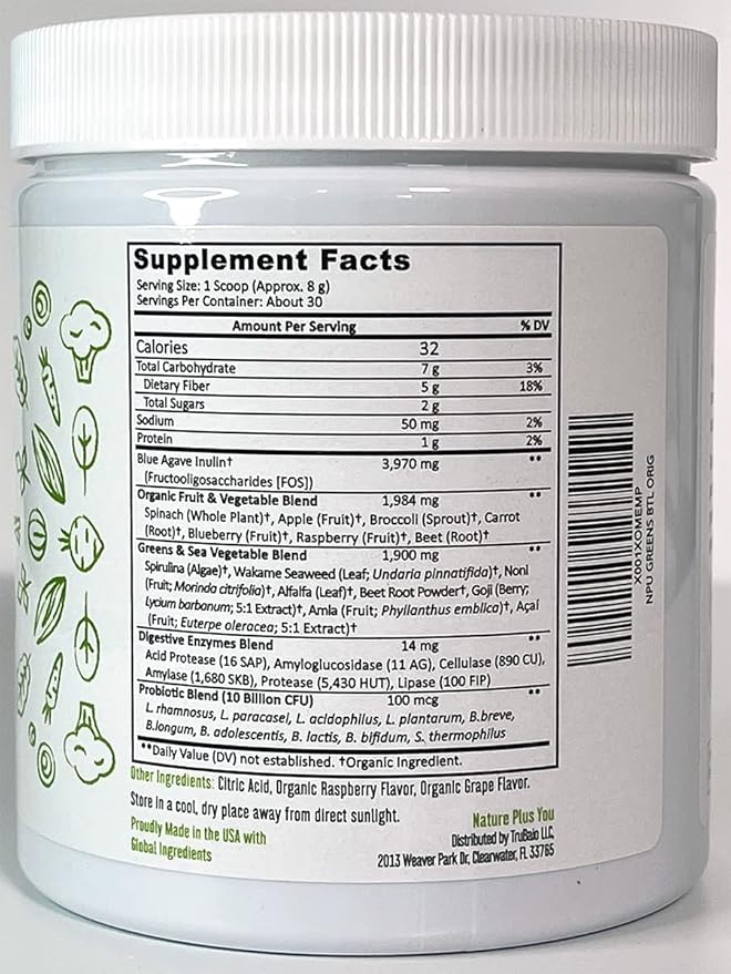 Super Greens Powder Organic Blend: Non-GMO Supplement, Includes Spirulina, Alfalfa, Spinach, Probiotics, Fiber and Digestive Enzymes, No Artificial Sweeteners, 30 Servings