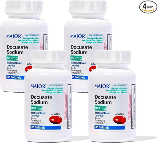 MAJOR Docusate Sodium 100 mg - Stool Softener Tablets for Constipation Relief - Helps Stop Constipation - Stool Softeners for Women, Men, and Kids Ages 12+ - 100 Tablets (4 Pack)