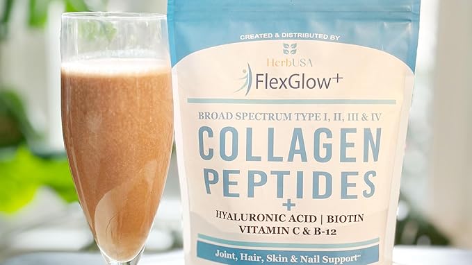 FlexGlow+ Collagen Peptides – Broad Spectrum (I, II, III, IV) – 6,900mg – Hyaluronic Acid, Biotin & Vitamin C – Chocolate – Hair, Skin & Joint Support – 30 Servings (12.17oz)