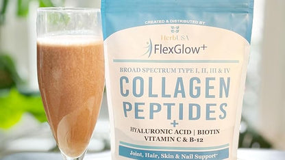 FlexGlow+ Collagen Peptides – Broad Spectrum (I, II, III, IV) – 6,900mg – Hyaluronic Acid, Biotin & Vitamin C – Chocolate – Hair, Skin & Joint Support – 30 Servings (12.17oz)