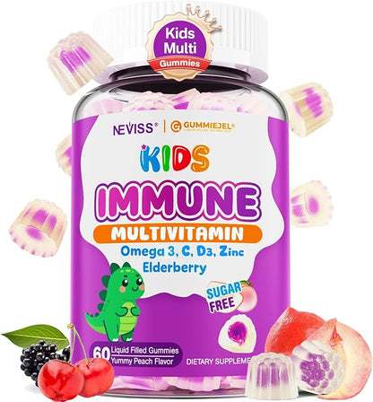 Kids Multivitamin + Immune Support Gummies, Vitamin C D3 & Zinc, Omega-3, Vitamin A, E, Elderberry, Kids Vitamin Gummies for Healthy Development, Immunity, Bone Growth & Eye Health, Sugar Free, 60 Cts