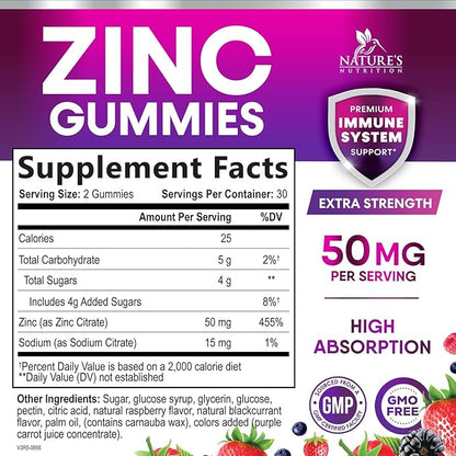 Zinc Gummies 50mg - Bone Skin & Immune Support Health Gummy & Premium Antioxidant Chewable for Adults - High Absorption Vegan, Gluten Free Zinc Supplements Vitamin - Tasty Berry Flavor - 60 Gummies