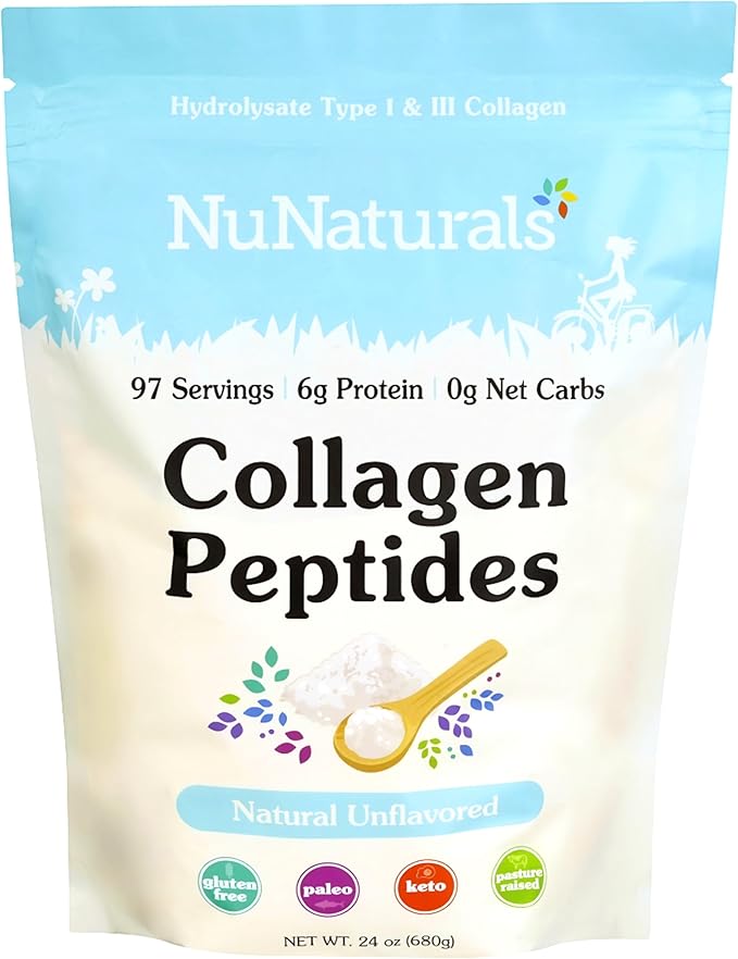 NuNaturals Collagen Peptides Powder (Type I, III), for Skin, Hair, Nail, and Joint Health, 24oz