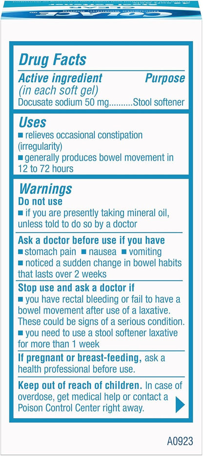 Colace Clear Stool Softener Soft Gel Capsules Constipation Relief 50mg Docusate Sodium Doctor Recommended 42ct