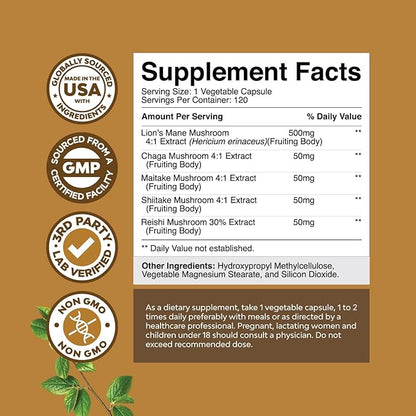 Advanced Lion's Mane Mushroom Supplement - Lions Mane Supplement Capsules with Reishi, Chaga , Maitake & Shiitake for Brain Health, Memory Support & Focus - Nootropic for Mental Clarity - 120 Caps
