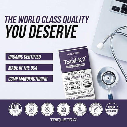 Total K2® | Vitamin K2 as MK7 & MK4 | Plus K1 & Vitamin D3 Cofactor - 620 mcg K2 per Serving - All-Trans MK7 from MenaQ7® - Full-Spectrum Vitamin K - Vegan, Organic Certified (60 Capsules)