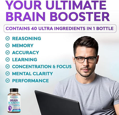 40-in-1 Brain Booster Supplements for Memory, Focus, Clarity, Energy, Performance | Natural Nootropic Brain Support Supplement with DMAE, Bacopa Monnieri & More | For Men & Women | 120 V Capsules