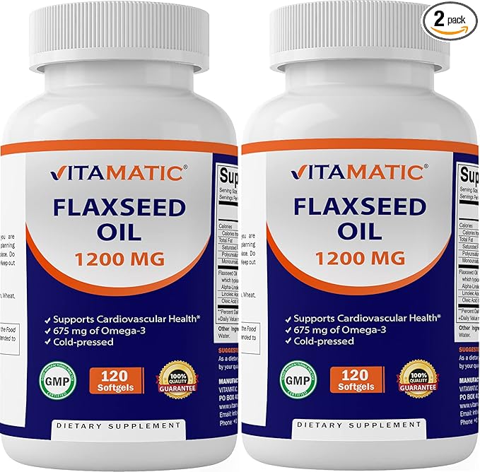 Vitamatic 2 Pack Flaxseed Oil 1200mg 120 from Cold Pressed Flax Seed - 675 mg of ALA Omega 3 Fatty Acids for Improving Heart Health