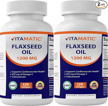 Vitamatic 2 Pack Flaxseed Oil 1200mg 120 from Cold Pressed Flax Seed - 675 mg of ALA Omega 3 Fatty Acids for Improving Heart Health