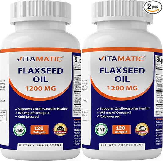 Vitamatic 2 Pack Flaxseed Oil 1200mg 120 from Cold Pressed Flax Seed - 675 mg of ALA Omega 3 Fatty Acids for Improving Heart Health