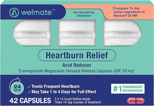 WELMATE - Esomeprazole Magnesium 20 mg - Heartburn Medicine - Acid Reducer - Delayed Release Heartburn Relief - 24hr Protection - for Men & Women - 42 Capsules - 1 Pack