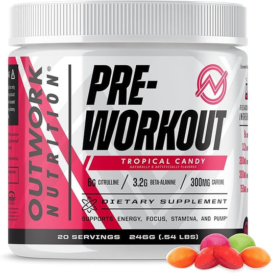 Outwork Nutrition Pre-Workout for Men & Women, Pre Workout Without Creatine, Nootropic Pre Workout Powder with Citrulline Malate, Beta Alanine, Taurine, Rhodiola & Caffeine (Tropical Candy)