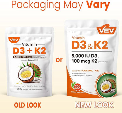 VEV Vitamin D3 K2, 5000 IU D3 100mcg K2 (MK 7), 300 Softgels, 2-in-1 Vitamin D & K Supplement with Coconut Oil, Supports Calcium Absorption and Bone Health, Easy to Swallow (Packaging May Vary)