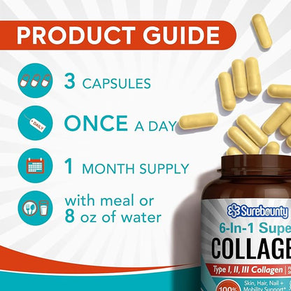 Multi Collagen Complex, Type I, II, III, 6-in-1 Super Collagen with Vitamin C, Hyaluronic Acid, Biotin, Turmeric, Black Pepper, Keto, 90 Capsules