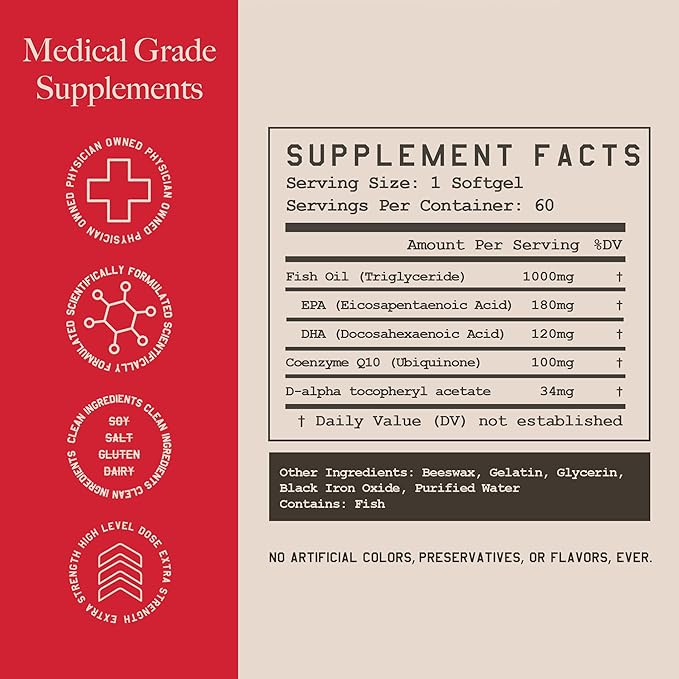 High Level Omega 3, CoQ10 & Vitamin E, Heart, Body, Mind Support with Fish Oil, Coenzyme Q10, Beeswax & Glycerin, Dietary Supplement for Men & Women, Yeast & Gluten Free, 60 Black Softgels - 2 Pack