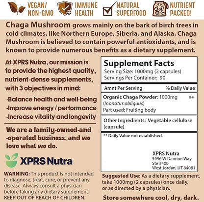 XPRS Nutra Chaga Mushroom Capsules - Premium USDA Chaga Mushrooms Capsules- Encapsulated Chaga Mushroom Powder for an Immunity Boost - Vegan Friendly Superfood for Chaga Tea and Beverages - 180 Count