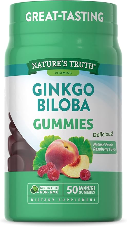Nature's Truth Ginkgo Biloba Gummies | 100mg | 50 Count | Peach Raspberry Flavor | Vegan, Non-GMO & Gluten Free Extract Supplement