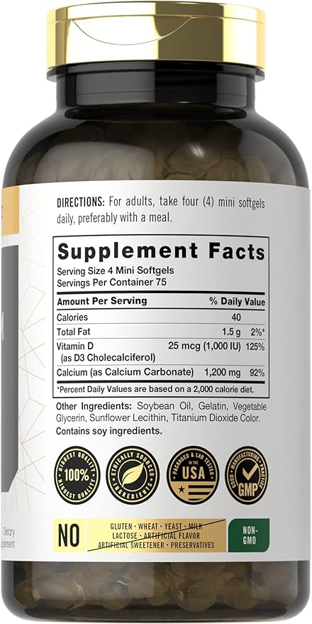 Carlyle Calcium 1200 mg with Vitamin D3 | 300 Softgels | Non-GMO and Gluten Free Supplement