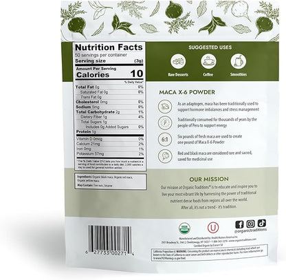 Organic Traditions Maca X-6 Black and Red Powder, Organic Maca Root Powder Organic Maca Powder, Energizing Superfood for Men and for Women, 150g/5.3oz