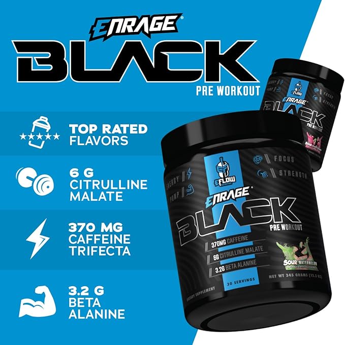 eFlow Nutrition Enrage Black High Stimulant Pre Workout Supplement - Preworkout Powder to Boost Energy, Pumps and Strength - 4 Flavors (30 Servings) (Sour Watermelon)
