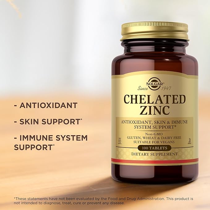 Solgar Chelated Zinc - 100 Tablets, Pack of 3 - Antioxidant, Skin & Immune System Support - Non-GMO, Vegan, Kosher, Gluten Free - 300 Total Servings