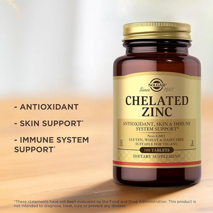 Solgar Chelated Zinc - 100 Tablets, Pack of 3 - Antioxidant, Skin & Immune System Support - Non-GMO, Vegan, Kosher, Gluten Free - 300 Total Servings