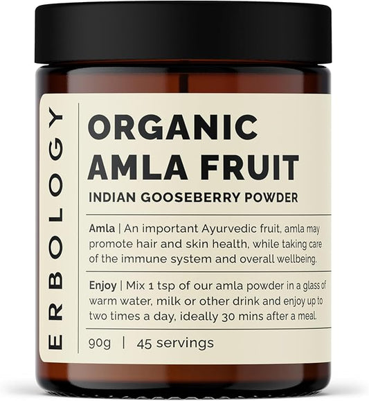 Erbology Organic Amla Powder 3.2 oz - 45 Servings - Indian Gooseberry - Skin and Hair Regeneration - Rich in Vitamin C - Sustainably Sourced Straight from Farm in India - Small Batch - GMO-Free