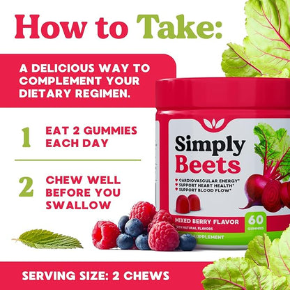 Beet Gummies with CoQ10-Nitric Oxide & Energy Support-Non-GMO Beetroot Powder & Grape Seed Extract- Natural Mixed Berry Flavor-60 Count
