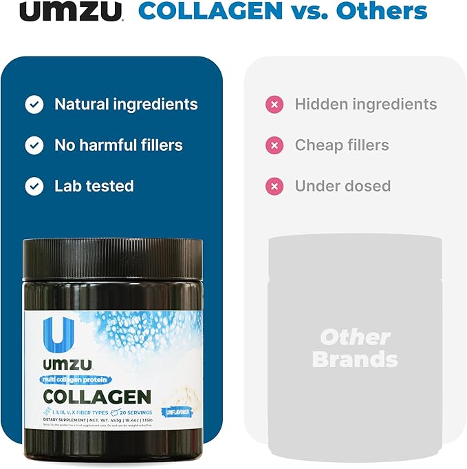 UMZU ZuCollagen Hydrolyzed Protein Powder | 5 Collagen Peptide Types for Healthy Hair, Skin, Nails, Joints & Gut | Low Calorie, High Protein (20g Protein per Serving | Unflavored)