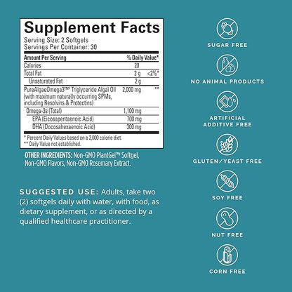 BRAINMD Dr Amen Vegan Omega-3 Power - 60 Plant-Based Softgels - 1,100 mg of EPA & DHA - Supports Focus, Memory & Heart Health - Vegan, Gluten Free & Non-GMO - 30 Servings