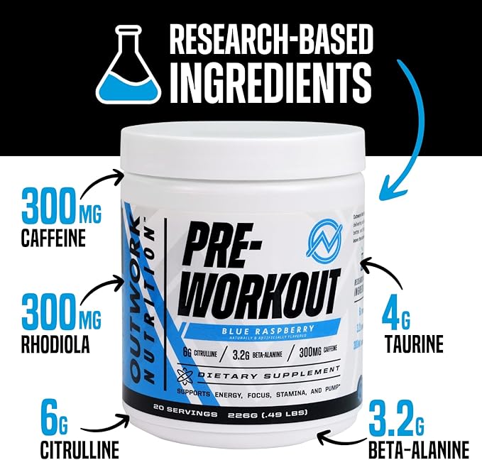 Outwork Nutrition Pre-Workout for Men & Women, Pre Workout Without Creatine, Nootropic Pre Workout Powder with Citrulline Malate, Beta Alanine, Taurine, Rhodiola & Caffeine (Blue Raspberry)