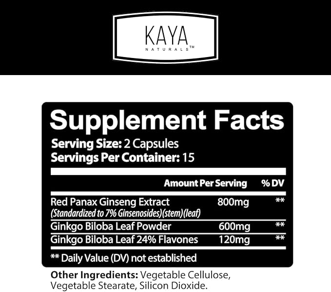 Kaya Naturals Red Panax Ginseng + Ginkgo Biloba - Nootropic Brain Supplement - Cognitive and Concentration Support - Brain Booster, Focus, and Memory Supplement - 30 Capsules