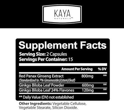 Kaya Naturals Red Panax Ginseng + Ginkgo Biloba - Nootropic Brain Supplement - Cognitive and Concentration Support - Brain Booster, Focus, and Memory Supplement - 30 Capsules