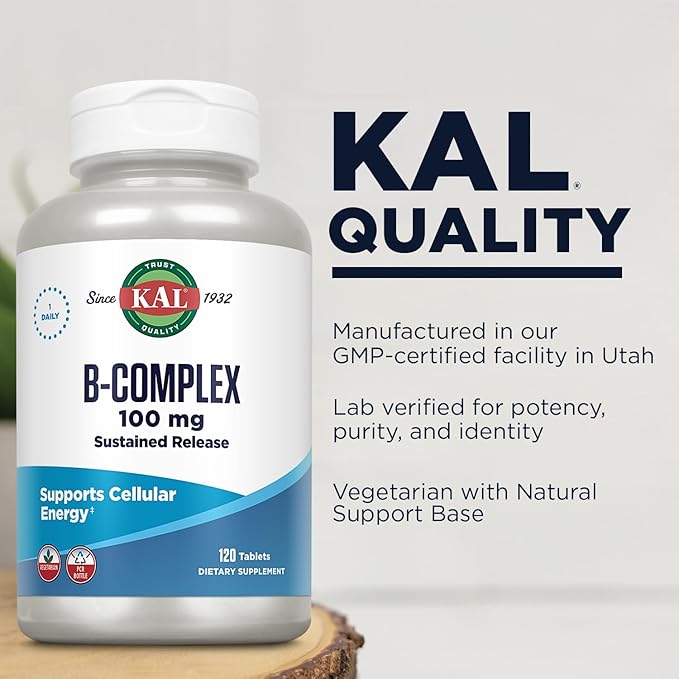 KAL B-100 Complex - Sustained Release Vitamin B Complex - Healthy Energy Support with Natural Support Base and Fresh Minty Coating - Vegetarian - 60 Day Guarantee - 120 Servings, 120 Tablets