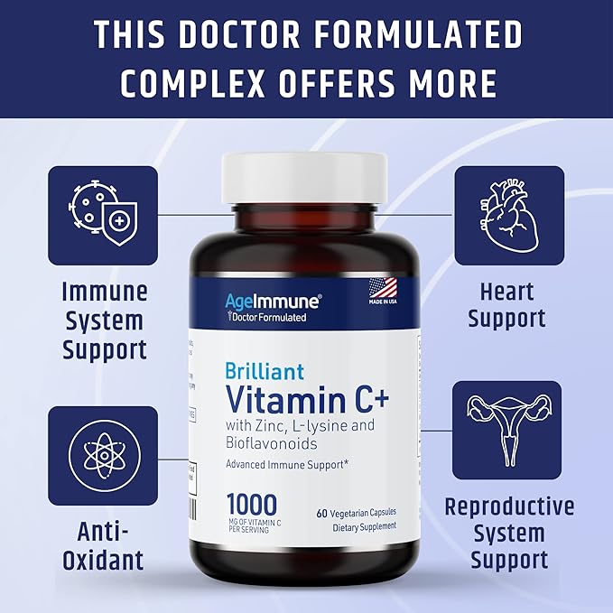 Vitamin C 1000mg Complex with L-Lysine 500mg, Zinc Gluconate 12mg, Bioflavonoids 300mg. Doctor Formulated Magnesium Stearate Free Supplements for Healthy Immune System Support. Two Bottles.(2)