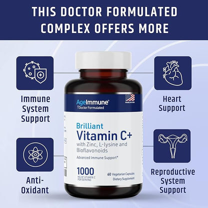 Vitamin C 1000mg Complex with L-Lysine 500mg, Zinc Gluconate 12mg, Bioflavonoids 300mg. Doctor Formulated Magnesium Stearate Free Supplements for Healthy Immune System Support. Two Bottles.(2)