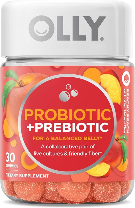 OLLY Probiotic + Prebiotic Gummy, Digestive Support and Gut Health, 500 Million CFUs, Fiber, Adult Chewable Supplement for Men and Women, Peach, 30 Day Supply - 30 Count