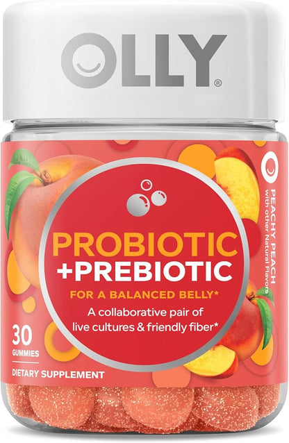 OLLY Probiotic + Prebiotic Gummy, Digestive Support and Gut Health, 500 Million CFUs, Fiber, Adult Chewable Supplement for Men and Women, Peach, 30 Day Supply - 30 Count