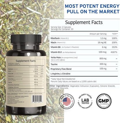 Yerba Mate 1400mg - Magic Natural Caffeine & Energy Supplements *USA Made & Tested* High Potency Enhanced with Taurine and Vitamin B Complex - 60 Capsules