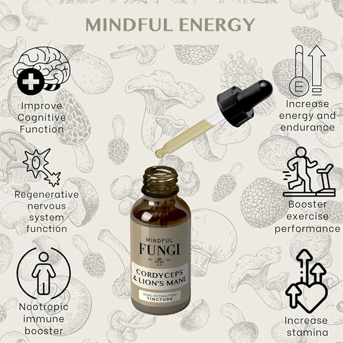 Mindful Fungi Lion's Mane Cordyceps Mushroom Supplement, Vegan Lion's Mane Liquid Extract, Brain Support Supplement, Natural Energy and Stamina Support (1 Fl Oz)