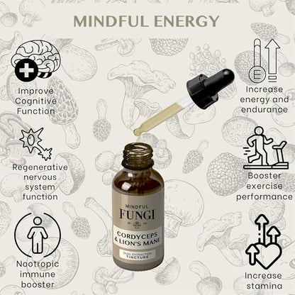 Mindful Fungi Lion's Mane Cordyceps Mushroom Supplement, Vegan Lion's Mane Liquid Extract, Brain Support Supplement, Natural Energy and Stamina Support (1 Fl Oz)