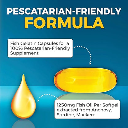 Viva Naturals Omega 3 Fish Oil Supplement for Women and Men - 2500 mg Triple Strength Fish Oil Pills with Re-Esterified Omega 3 Fatty Acids Including EPA, DHA DPA - 60 Pescatarian-Friendly Softgels