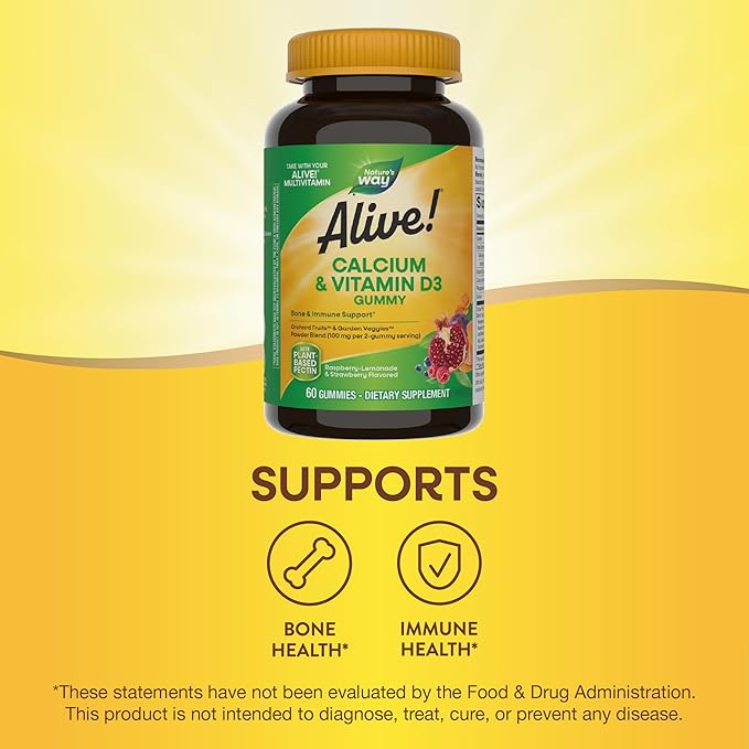 Nature's Way Alive! Daily Calcium & Vitamin D3 Gummies, Bone Support*, Immune Support*, Strawberry and Raspberry- Lemonade Flavored, 60 Gummies