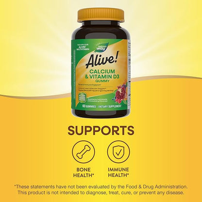 Nature's Way Alive! Daily Calcium & Vitamin D3 Gummies, Bone Support*, Immune Support*, Strawberry and Raspberry- Lemonade Flavored, 60 Gummies