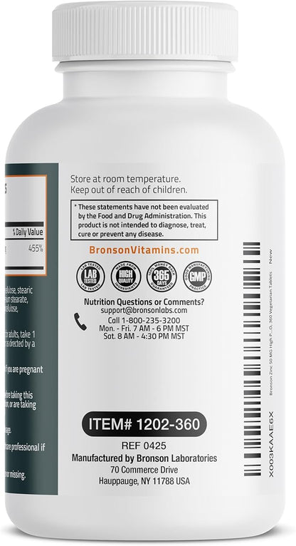 Bronson Zinc 50 MG High Potency One Year Supply Supports Immune, Antioxidant & Skin Health - Non-GMO, 360 Vegetarian Tablets