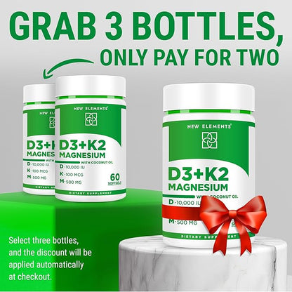 Vitamin D3 K2 10000iu with Magnesium Glycinate 500mg - Bone Health, Immune Support, Energy & Mood - Non-GMO, Gluten-Free, Sugar-Free Softgels for Women & Men