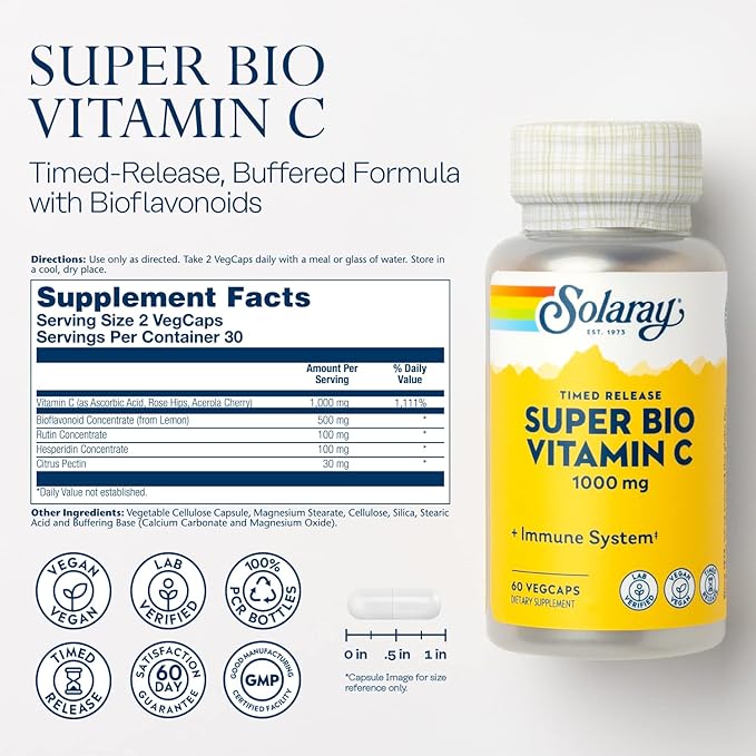 SOLARAY Super Bio Buffered Vitamin C 1000mg, Two-Stage, Timed Release Vitamin C with Bioflavonoids, Immune Support Supplement - High Absorption, Vegan, 60 Day Guarantee, 30 Servings, 60 VegCaps
