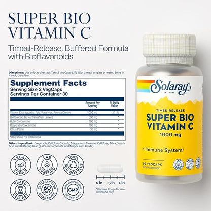 SOLARAY Super Bio Buffered Vitamin C 1000mg, Two-Stage, Timed Release Vitamin C with Bioflavonoids, Immune Support Supplement - High Absorption, Vegan, 60 Day Guarantee, 30 Servings, 60 VegCaps