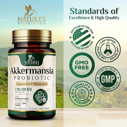 GLP-1 Akkermansia Probiotic Supplement for Women & Men, Akkermansia Muciniphila GLP 1 Probiotics with Prebiotic, 2 Billion AFU, Natural Digestive, Gut Health, & GLP 1 Production Support, 120 Capsules
