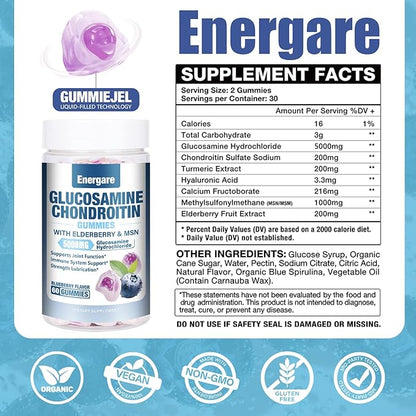 2 Packs Glucosamine Chondroitin Filled Gummies with MSM & Elderberry, Extra Strength Joint Support Health, Flexibility, Antioxidant, Immune Supplement Gummy for Adults, Men & Women 120 Counts